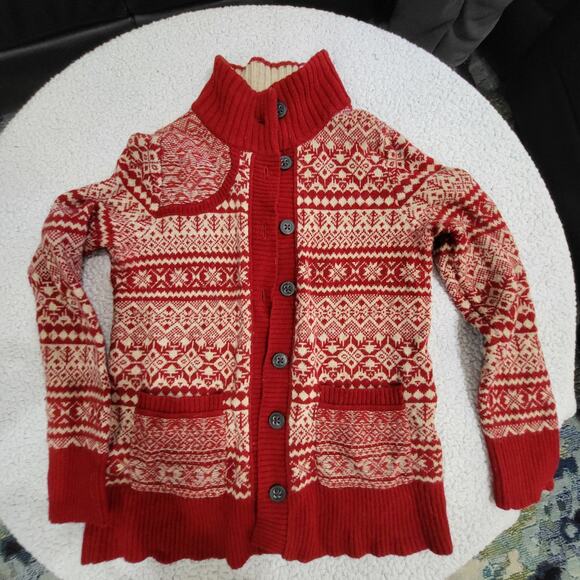 Eddie Bauer Vintage Red Fair Isle Print Lambs Wool Cardigan Sweater Size MED - Picture 1 of 4
